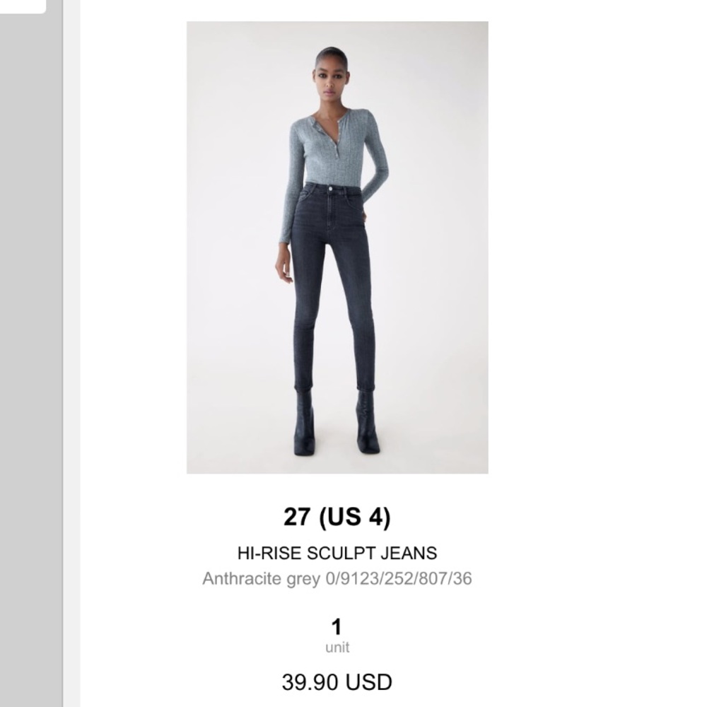 Zara Hi Rise Sculpt Skinny Jeans Grey